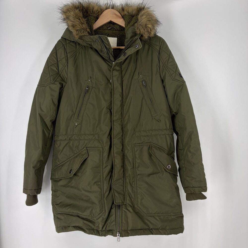 Diesel Jacket Size 14 Women Olive Army Green Puffer Coat Faux Fur Hood Parka Y2K